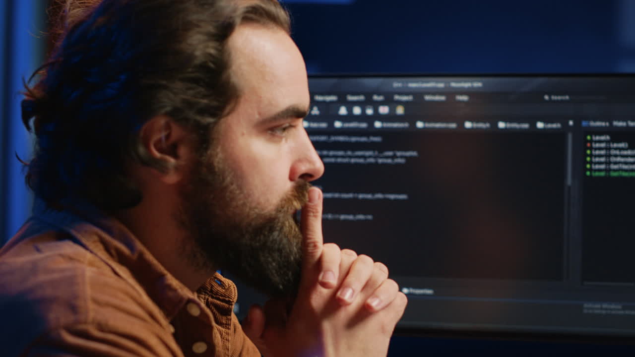 Software engineer concerned, concentrating on finding code bugs, close up