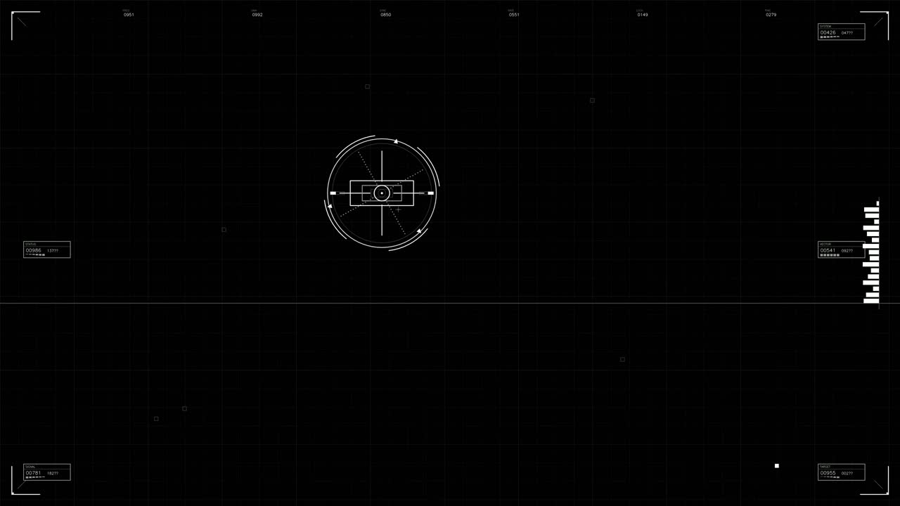 This scene features a military graphical user interface with digital elements. The animation displays various metrics and data often used in science fiction settings during combat scenarios