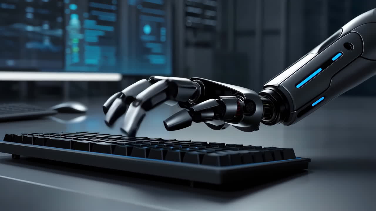 Robotic Arm Typing on a Keyboard in a Futuristic Setting