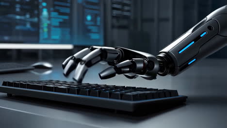 robotic arm typing on a keyboard in a futuristic setting