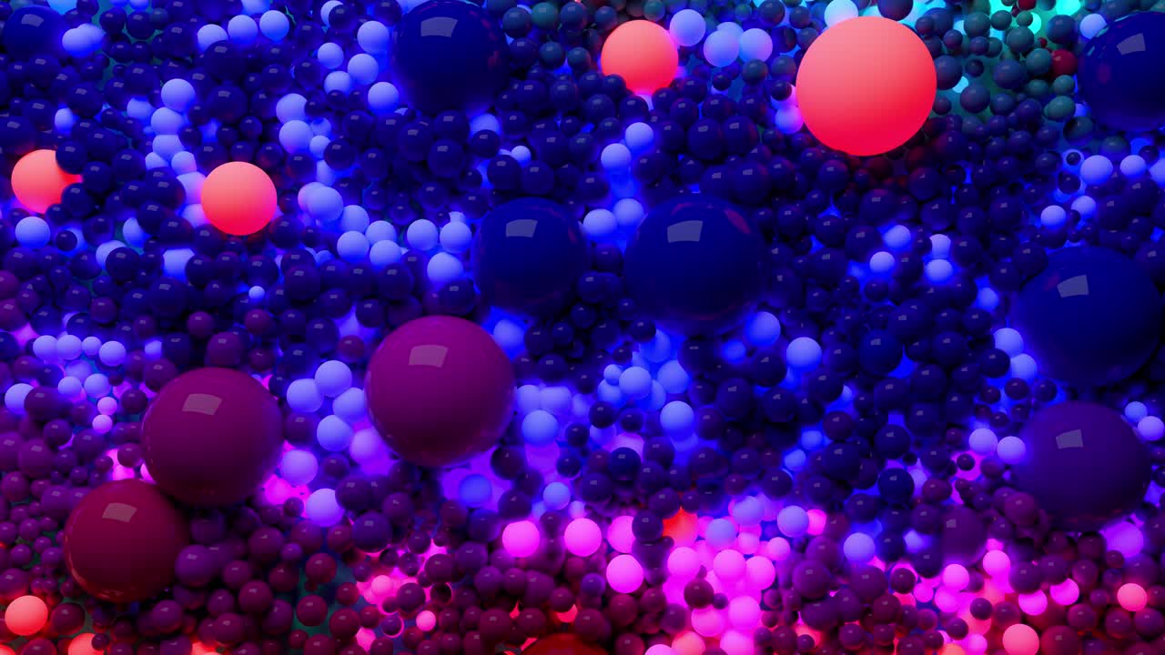 composición oscura con bolas coloridas que cubren la superficie, algunas de las cuales brillan. 3d en 4k fondo abstracto con animación fluida de esferas