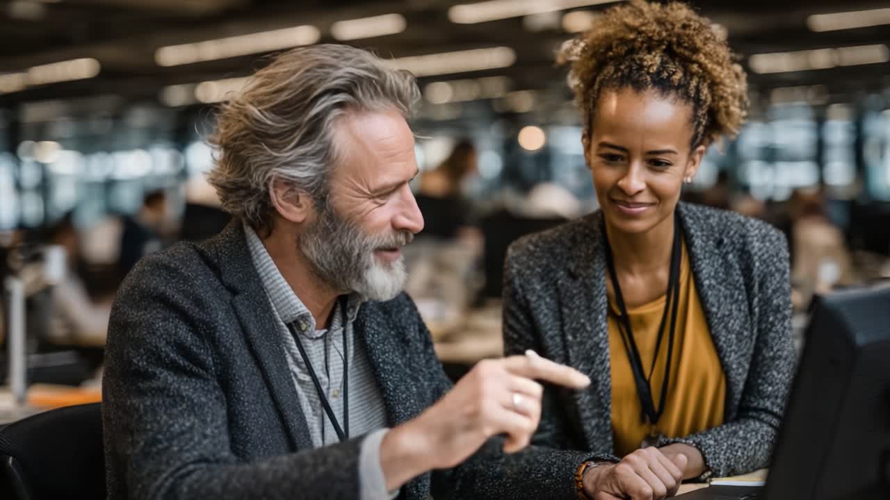 Engaging Collaboration: Two Professionals Share Insights in a Modern Office Environment, Showcasing Teamwork and Mutual Understanding in a Dynamic Workplace Setting