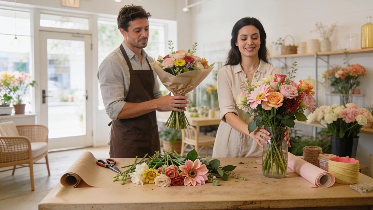 Fiorista con grembiule marrone che consegna un bouquet e aiuta una donna a metterlo in un vaso in un negozio di fiori, mentre sta finendo.
