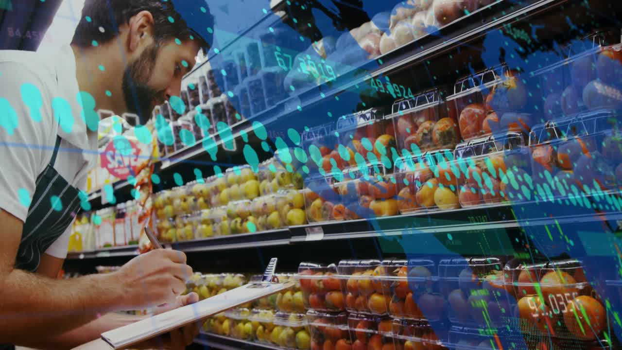 Worker auditing produce in aisle, inspecting clamshells while teal readouts overlay, logging stock