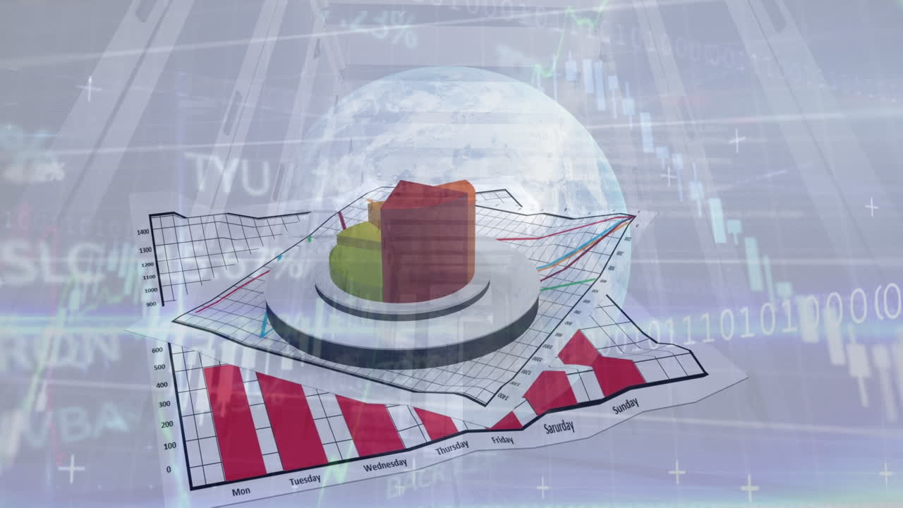 animación de gráficos y datos financieros sobre papeles y gráficos sobre fondo gris