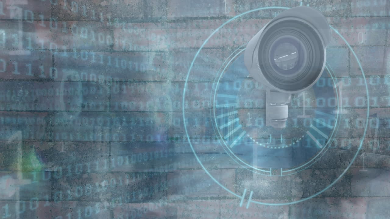 Animazione di elaborazione di dati finanziari e telecamera di sicurezza su paesaggio urbano
