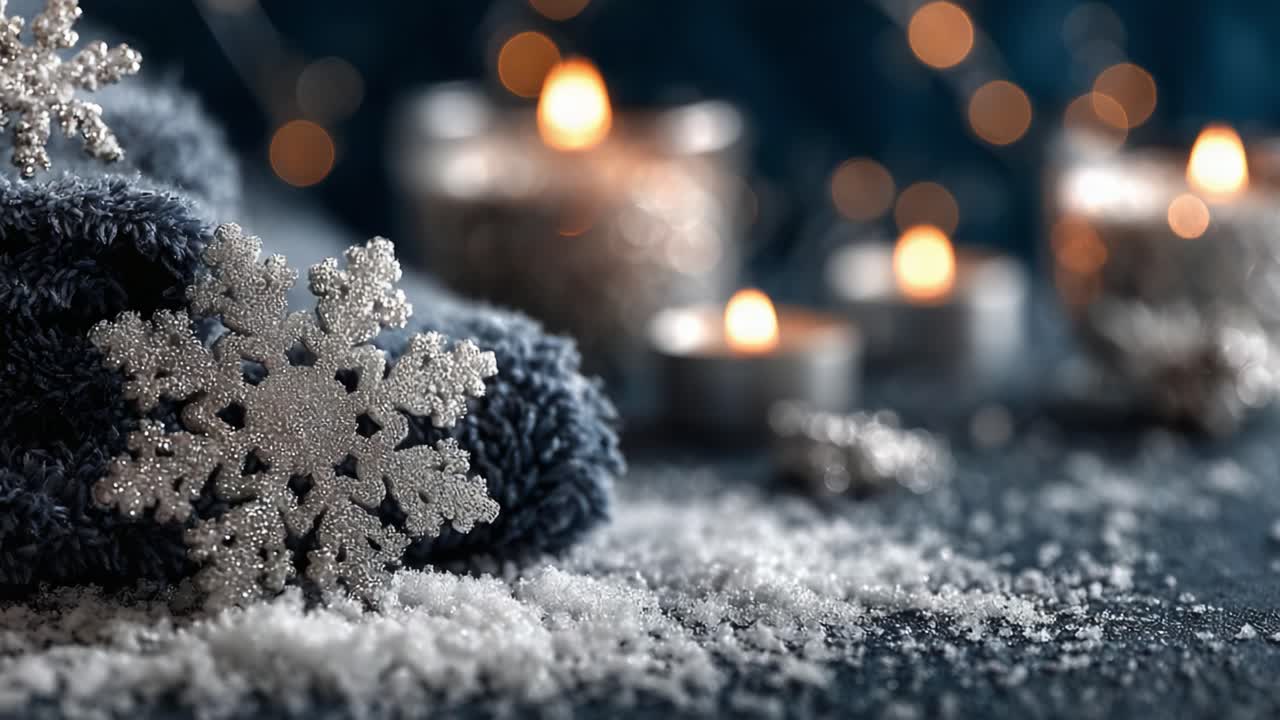 A Cozy Winter Scene Featuring Sparkling Snowflakes, Soft Textures, and a Warm Glow from Candles, Perfectly Capturing the Essence of a Serene Holiday Atmosphere