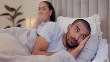 man, thinking or couple divorce in bed with stress