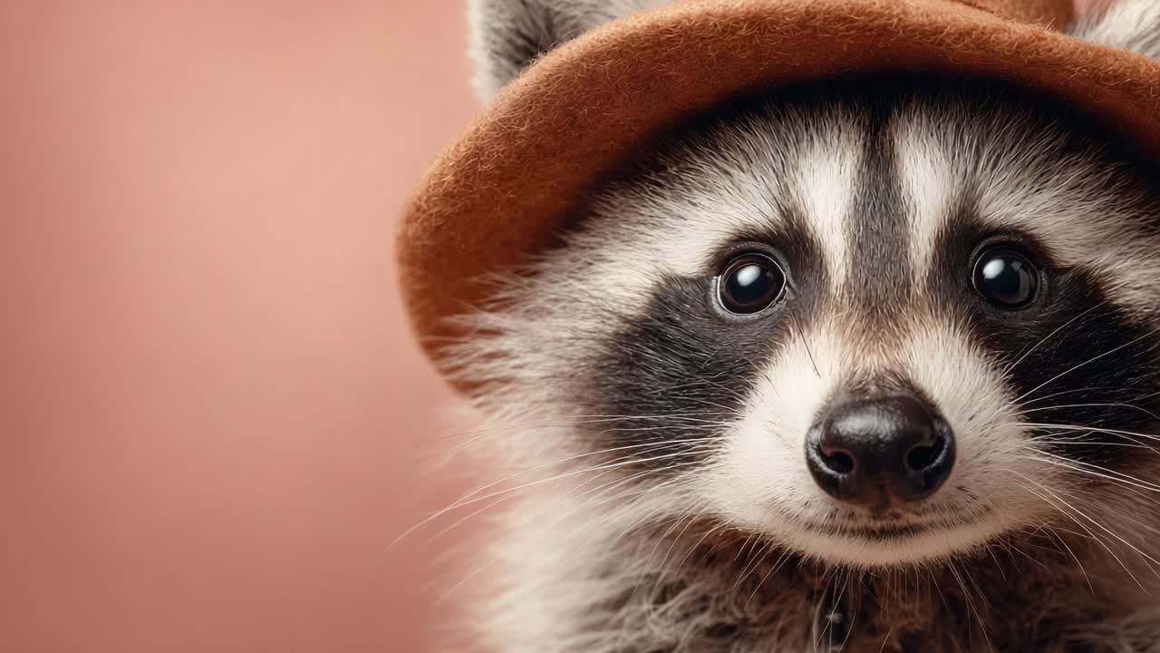 Charming Raccoon Wearing a Stylish Hat: A Heartwarming Close-Up of an Adorable Creature with Unique Expressions and Personality Captured in Beautiful Detail