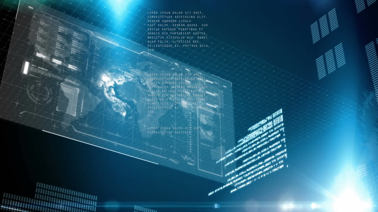 스크린과 빛나는 파란색 불빛 위의 디지털 데이터 처리 애니메이션