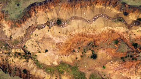 aerial zoom out view of land destroyed by soil erosion from bad agriculture practices. climate change and global warming