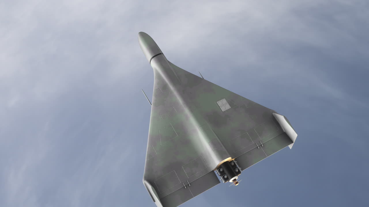Ampia ripresa sul Drone Kamikaze Shahed 136 che vola sopra nuvole leggere. Animazione 3D dettagliata in primo piano. UAV Veicolo Aereo senza Pilota. Guerra di tecnologia moderna nell'aria. Aereo da combattimento.