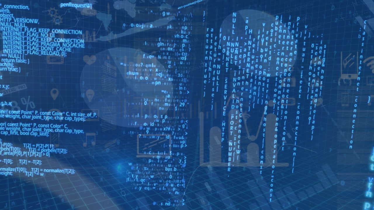 Animation of financial data processing over blue background