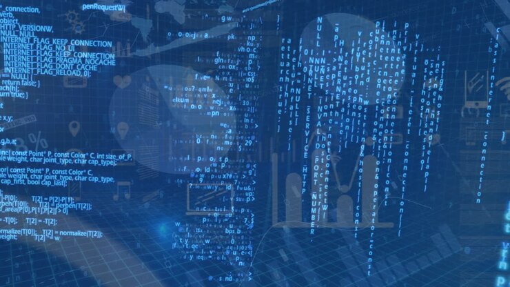 Animation of financial data processing over blue background