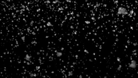 hermosos copos de nieve de primer plano cayendo lentamente sin costuras con borrón dof en fondo negro. animación en bucle 3d de movimiento lento. alfa mate.