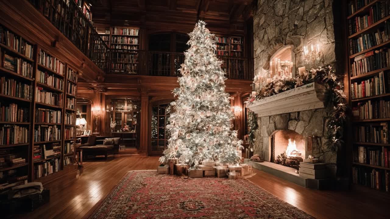 A Cozy and Festive Scene Featuring a Beautifully Decorated Christmas Tree in a Warmly Lit Library with a Stone Fireplace and Shelves of Books