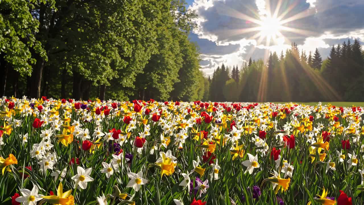 A vibrant video capturing a colorful field of flowers under a bright sun, conveying a sense