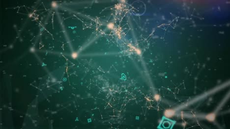 moving data, people icons and interconnecting white and orange lines on a green background