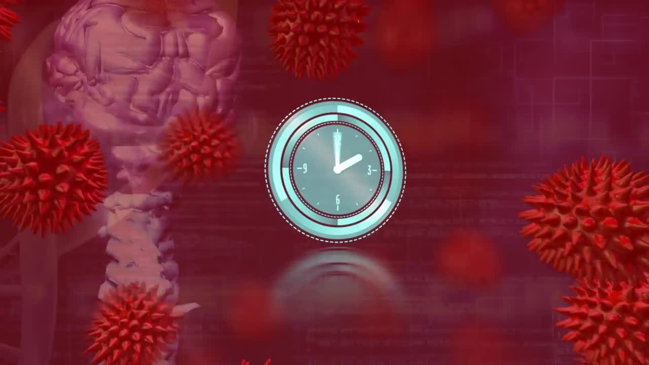Animation af timer der spinner over biologiske celler, DNA-helix og grænsefladeskærm med tekst