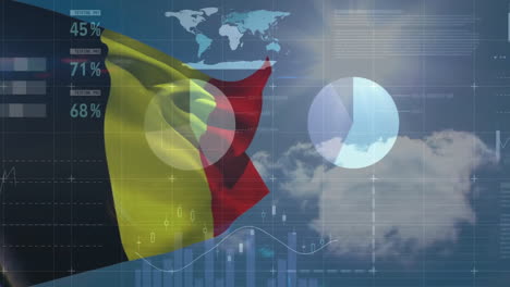 animation of financial data processing over flag of belgium