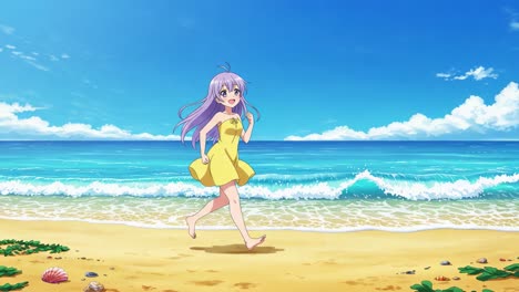 A Joyful Young Girl in a Yellow Dress Playfully Running Along a Tranquil Beach with Crystal Clear Waters and a Bright Blue Sky, Celebrating a Carefree Summer Day