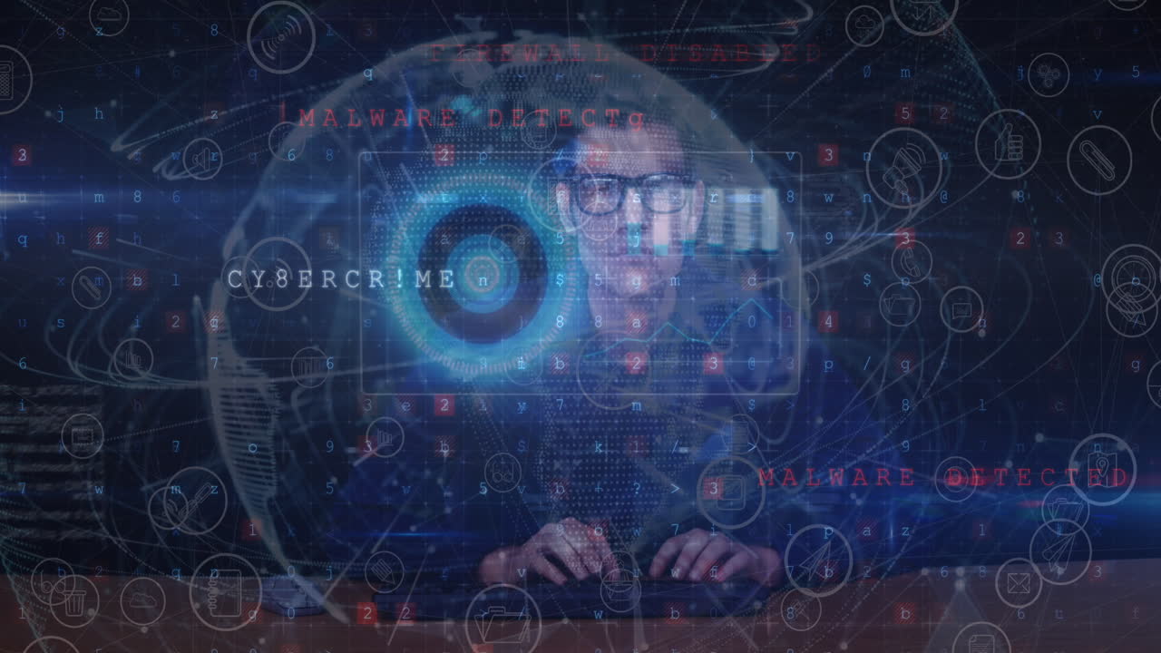 Animation of cyber attack warning over hacker, globe and data processing