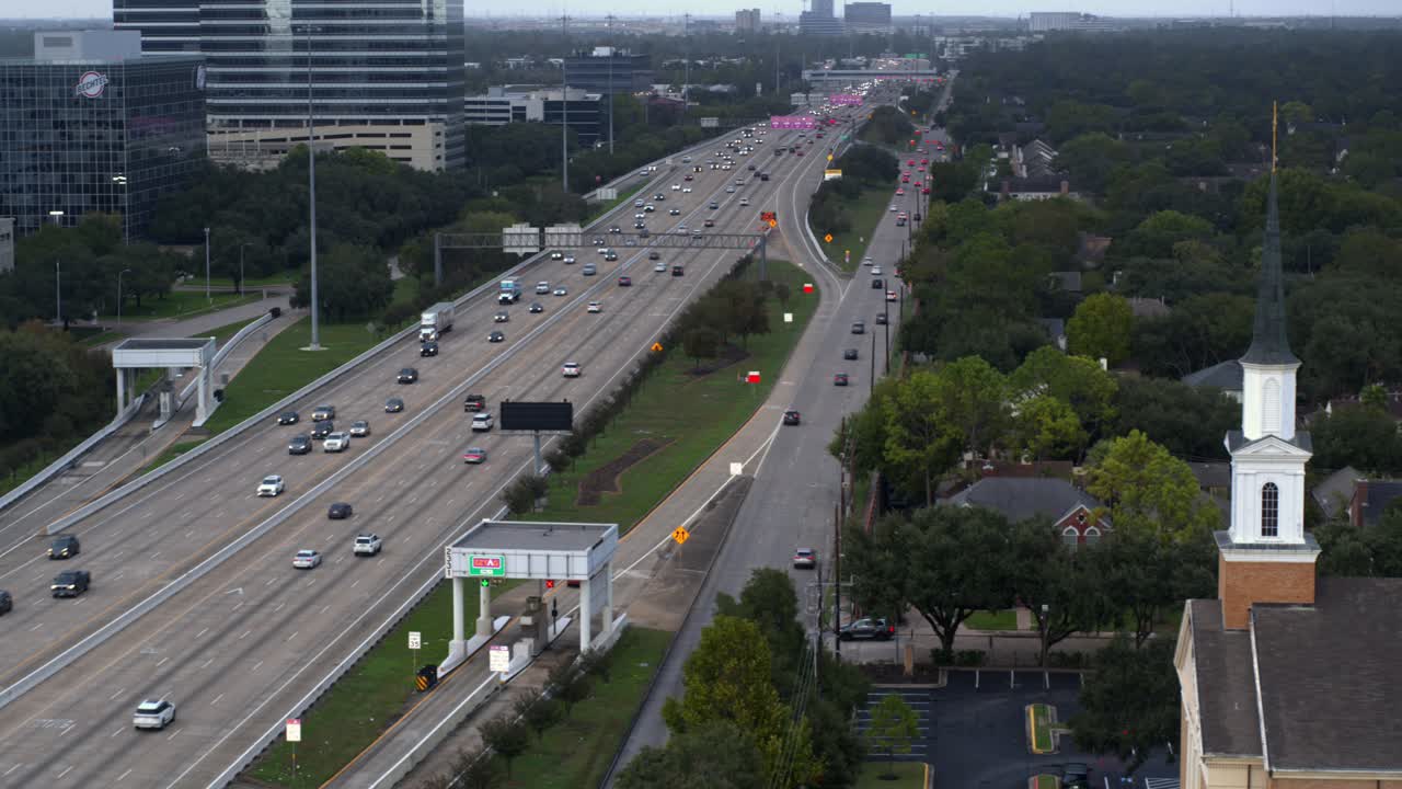 High angle drone view of cars on Beltway 8 toll road in Houston, Texas