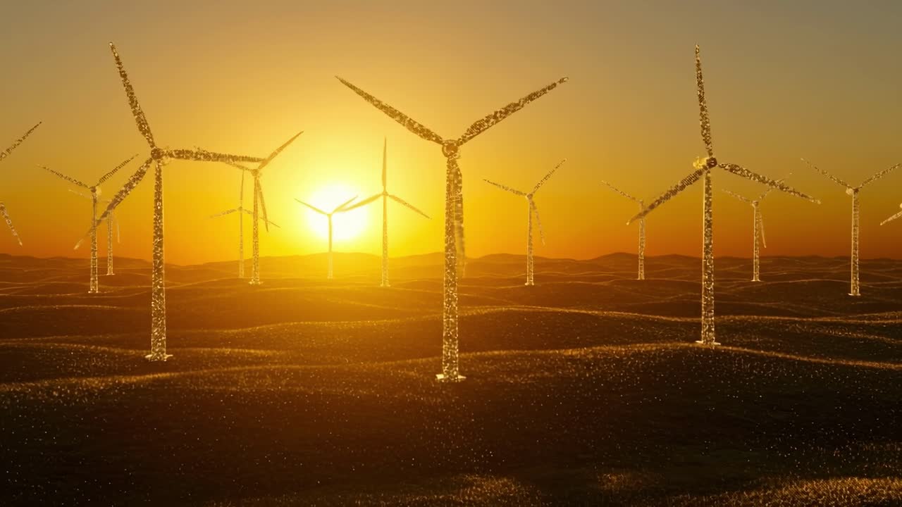 As the sun sets on the horizon, wind turbines spin gracefully, harnessing renewable energy across a sprawling landscape