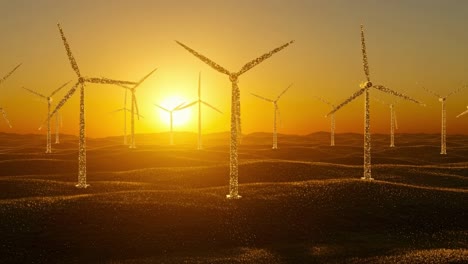 as the sun sets on the horizon, wind turbines spin gracefully, harnessing renewable energy across a sprawling landscape
