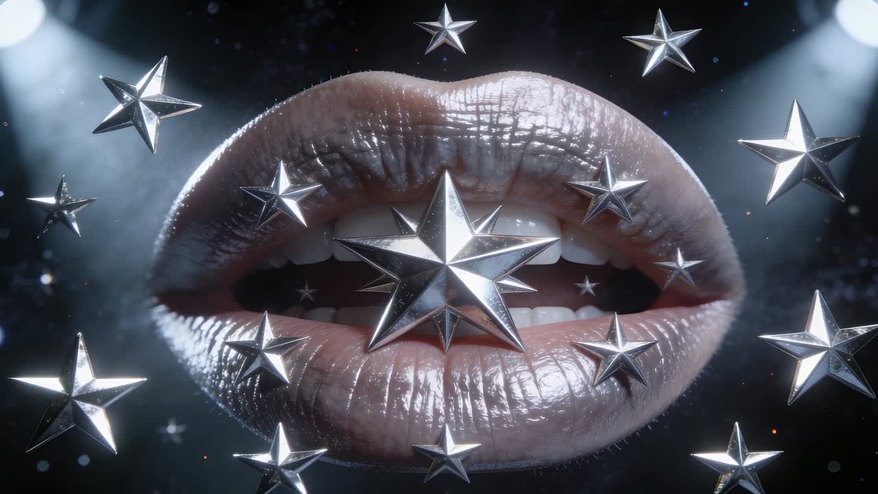 Labbra lucide che si dischiudono, reagendo a una stella metallica centrale che si avvicina, in studio, illuminata da due luci.