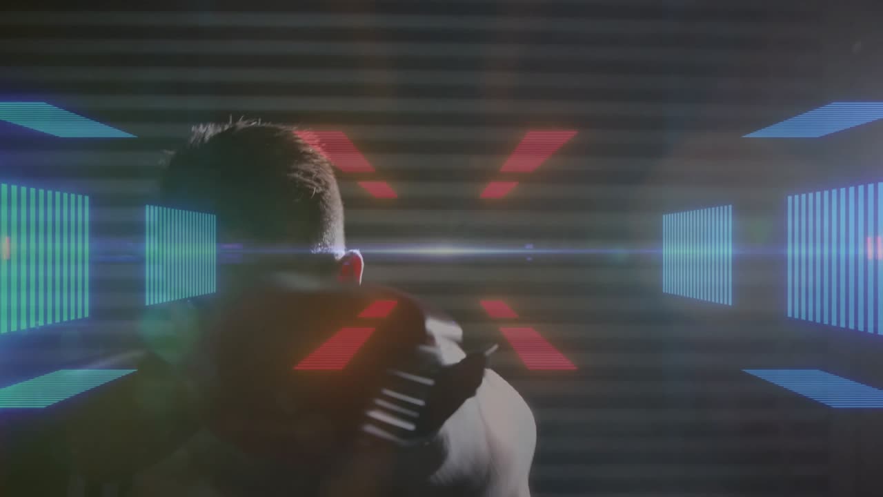 Male boxer guarding in training studio, jabbing and dodging, jab initiating red X and blue HUD