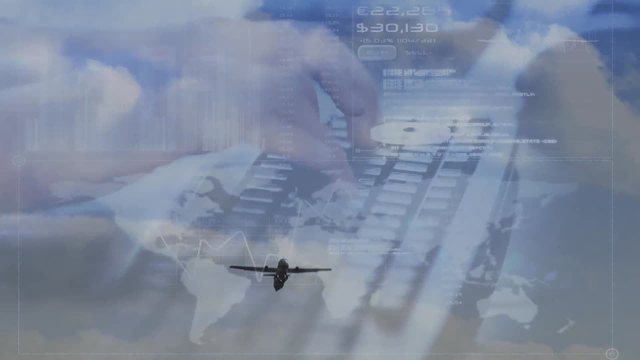 비행기, 세계 지도, 키보드에 타이핑하는 사람의 손을 통해 데이터 처리의 애니메이션