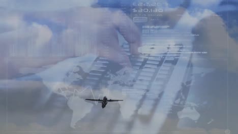 animation of data processing over plane, world map and hands of man typing on keyboard