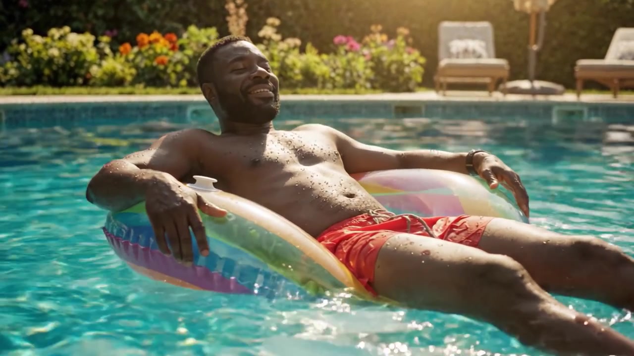 Relaxing in a Colorful Pool Float: A Peaceful Afternoon by the Pool with Sunlight and Water Reflections