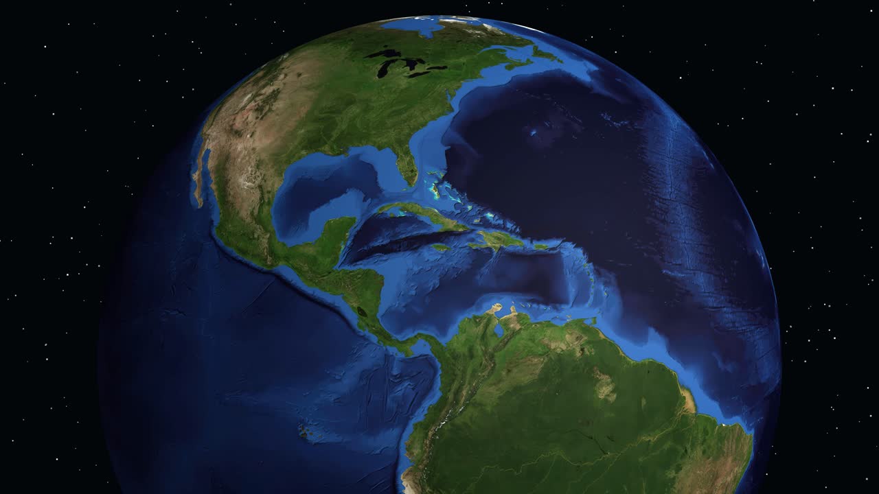 Un globo digitale ruota e zooma sul Nord America, evidenziando Queretaro, Messico, con testo informativo.