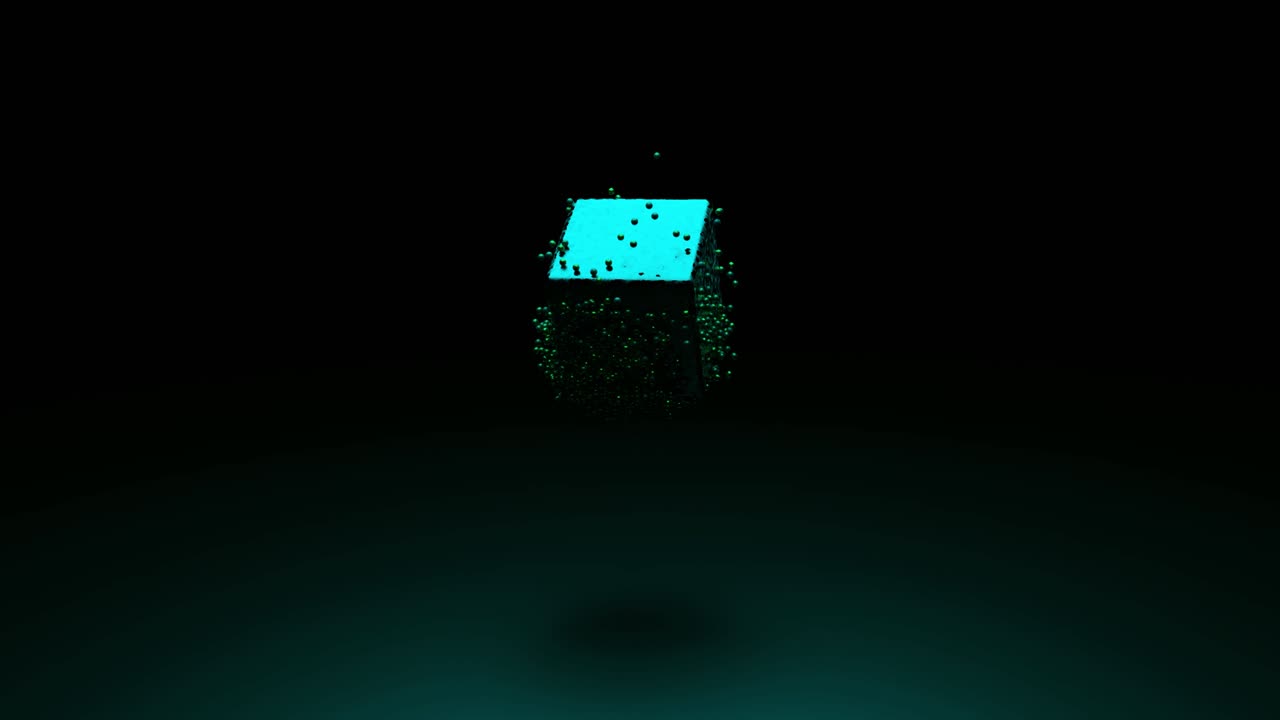 Close up of green cube rotating surrounded by endless quantity of tiny spheres. Design. 3D rotating dark cube is being swarmed over by small round shaped particles