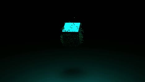primo piano di cubo verde rotante circondato da una quantità infinita di piccole sfere. disegno. cubo scuro rotante 3d viene sciamato da piccole particelle rotonde