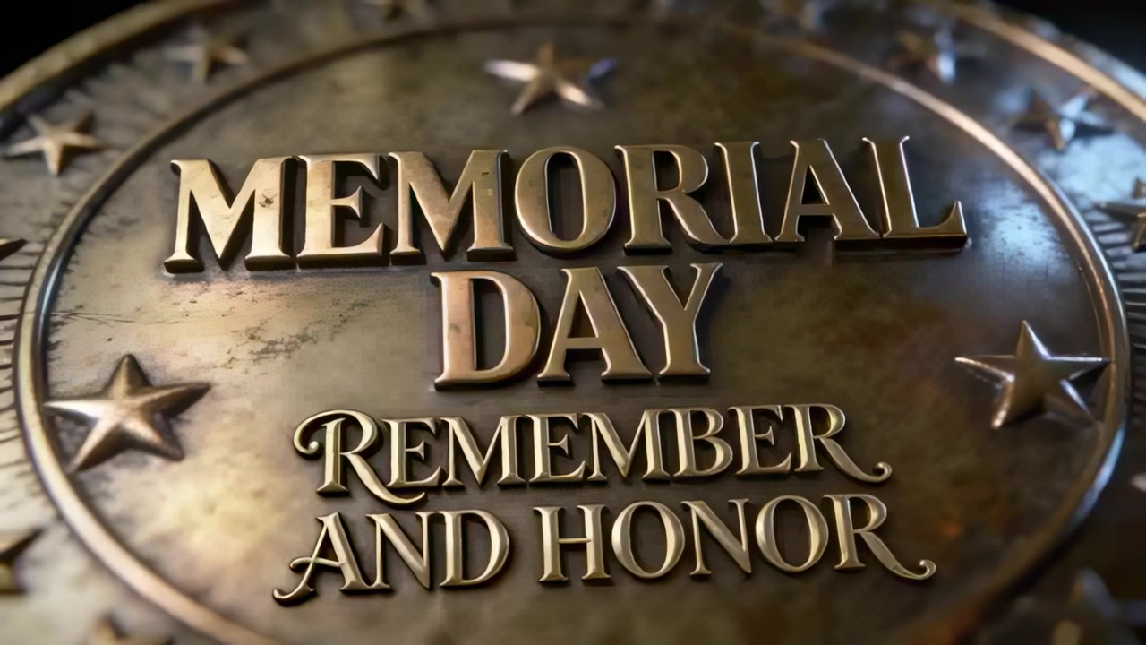 Camera pulling back, revealing bronze medallion in studio close-up, showing MEMORIAL DAY text