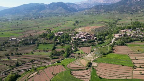 green fields and mud-clad homes