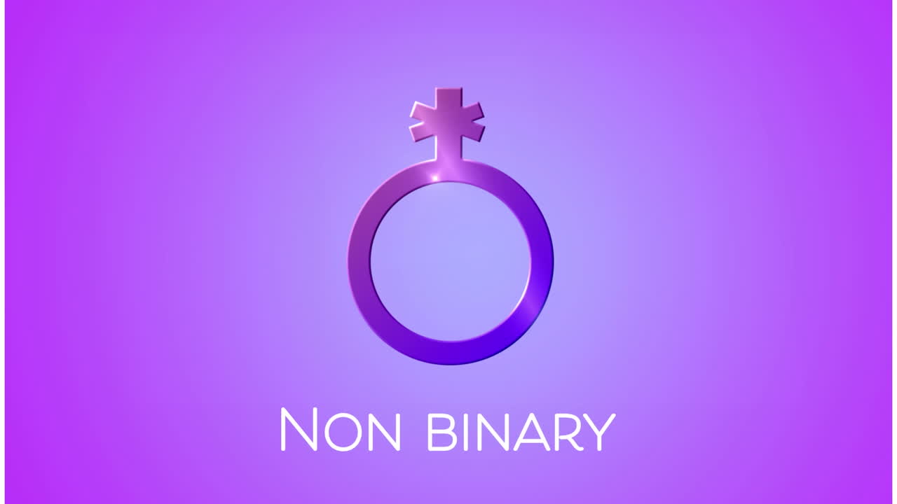 Premium stock video - Animation of non binary symbol and text on purple ...