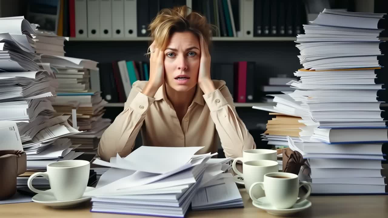 A stressed woman surrounded by stacks of paperwork at a desk, captured from a frontal angle