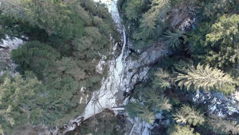 Vogelperspektive-Auf-Zugefrorenen-Fluss-Und-Verschneiten-Wald---Luftdrohnenaufnahme