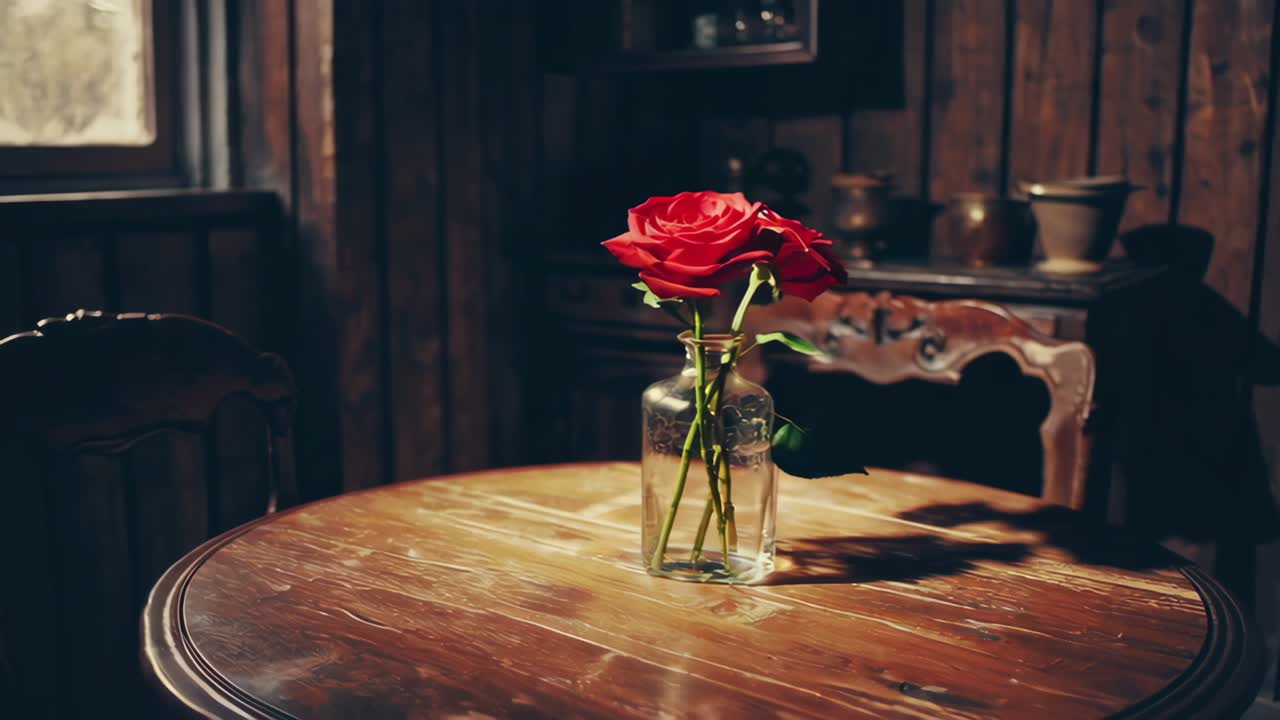 Vintage wooden kitchen interior featuring vibrant red roses resting on round table, highlighting rustic ambiance with soft natural light filtering through window