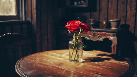 vintage wooden kitchen interior featuring vibrant red roses resting on round table, highlighting rustic ambiance with soft natural light filtering through window