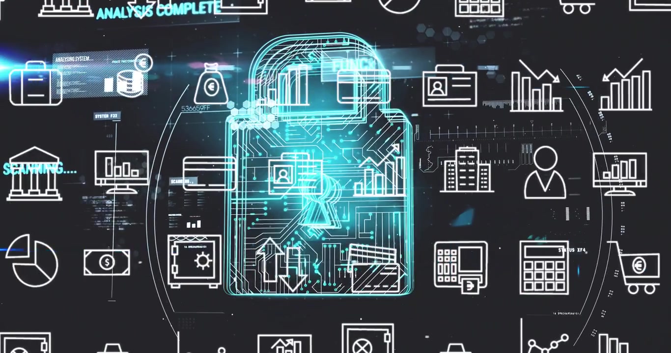 Displaying scanning prompt and pulses, padlock icon streaming data, orbiting icons securing network