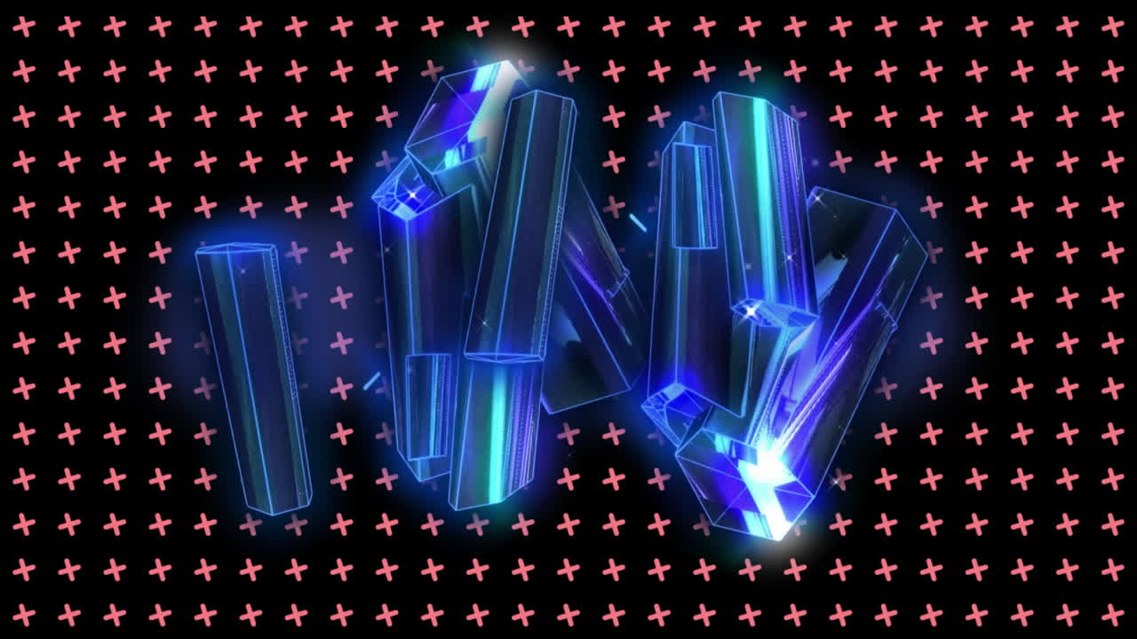 빛나는 기하학적 모양은 검은색 바탕에 빨간색 + 표지판을 통해 애니메이션