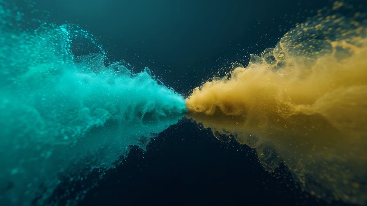 Emerging teal plume left and gold plume right converging at center, dark void mixing droplets