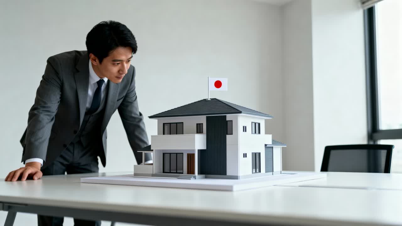 손을 짚고, 정장을 입은 임원이 사무실에서 빨간 점 깃발이 꽂힌 집 모형을 검사하며 검토하고 있어요.