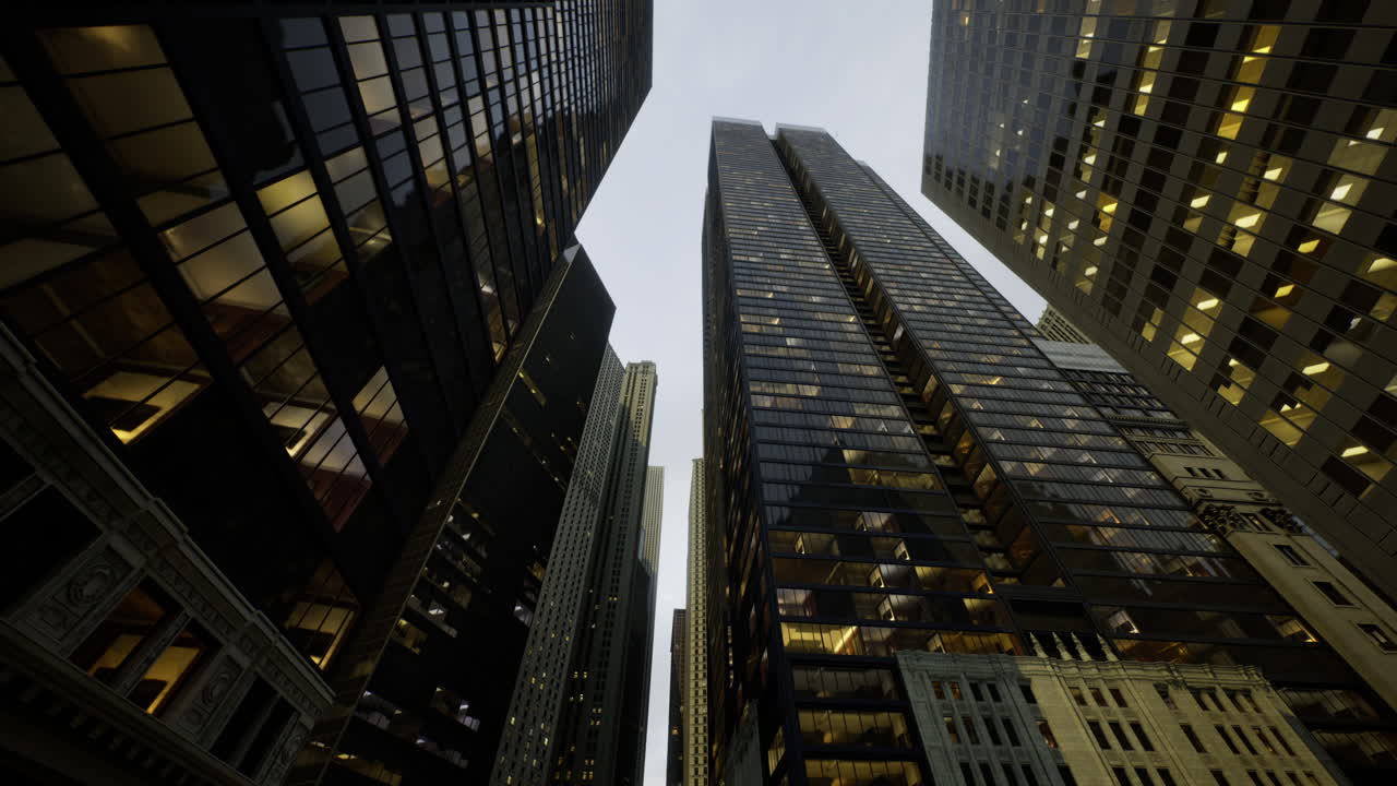 rascacielos que se elevan sobre una calle de la ciudad al anochecer durante las horas del crepúsculo