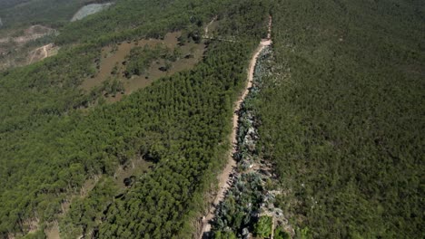 Aerial-bird's-eye-view-above-crowds-of-runners-gathered-running-on-trails-in-forested-hills